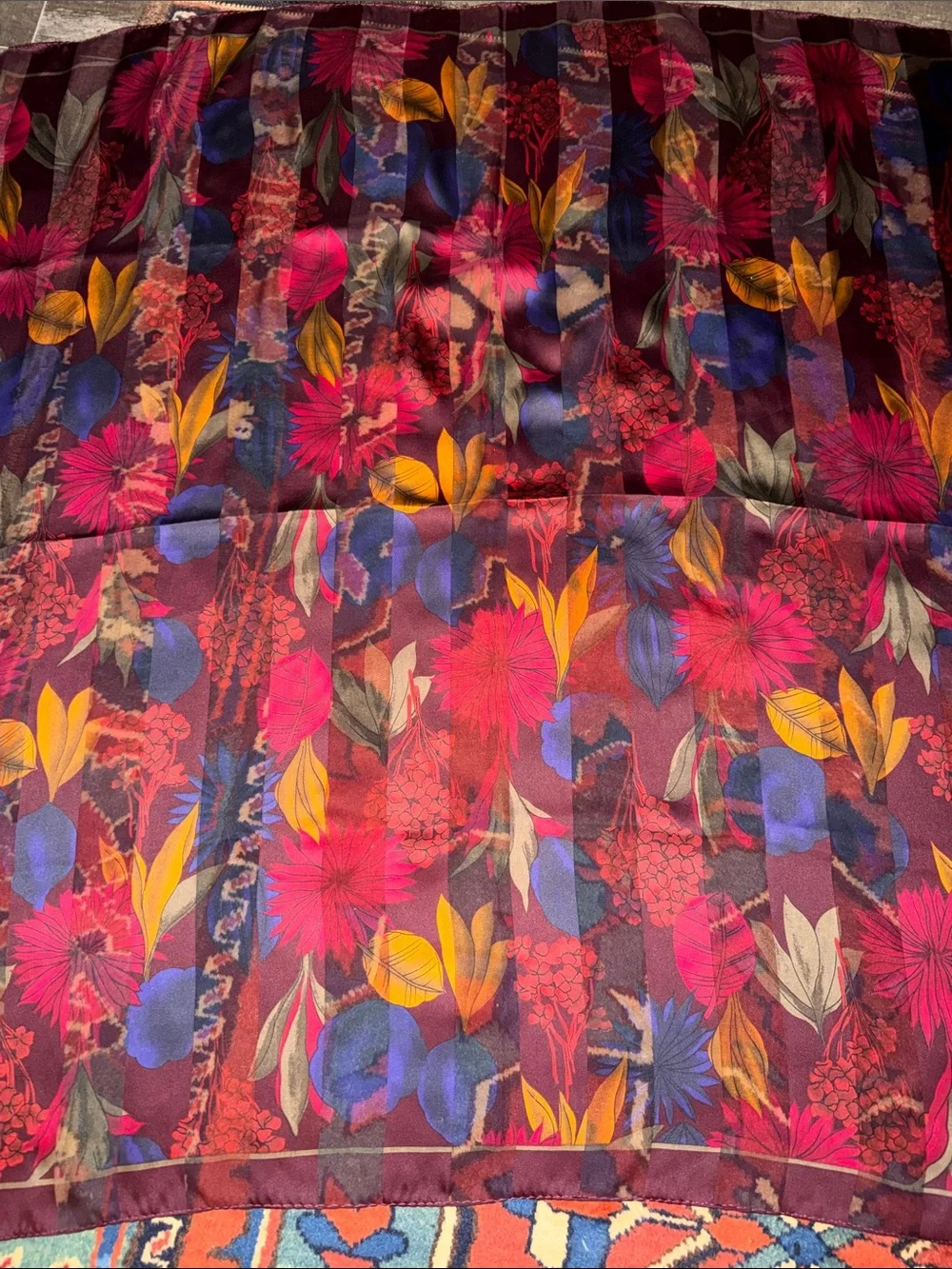 VTG Elaine Gold Floral Striped Silk Chiffon Scarf Jewel Tone Pink Purple